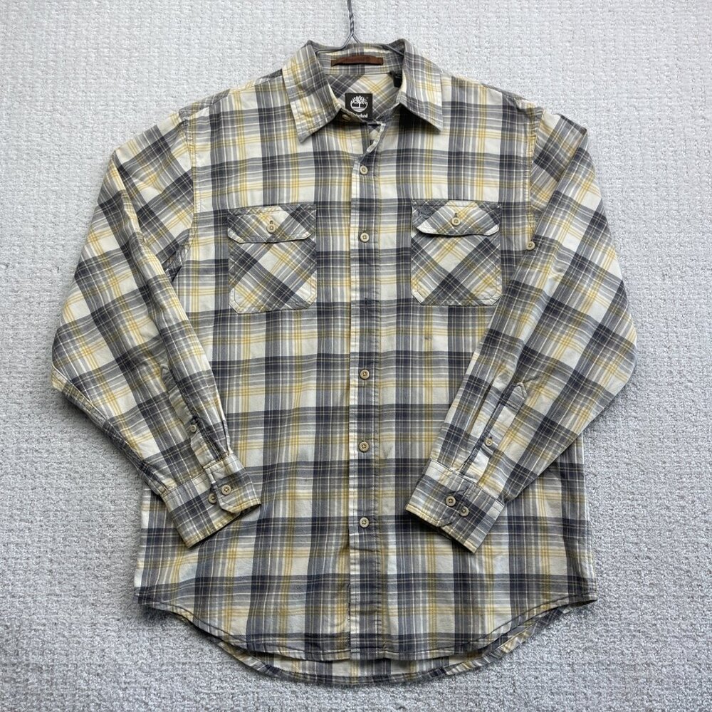 Timberland Button Down Shirt Men Sz M Yellow Plaid Long Sleeve Pockets Workwear*
